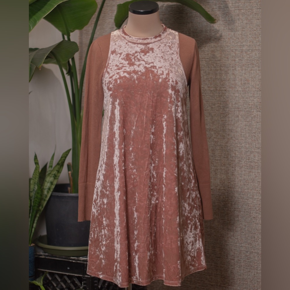 Long Sleeve Red Clay Sweater and Pink Velvet Halter Dress Bundle